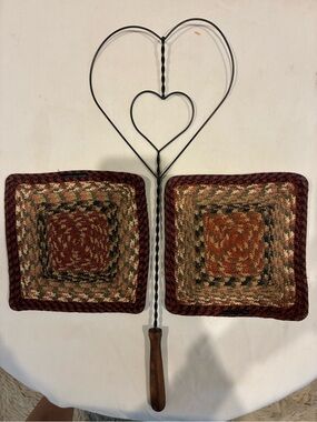 Metal Heart Rug Beater + 2 Braided Square Trivets Burgundy & Brown& Mustard 8x8